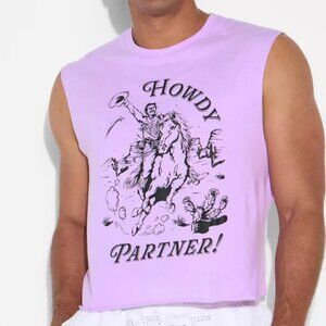 Pride Adult Muscle Cutoff 'Howdy Partner' Violet Tank Top (M)
